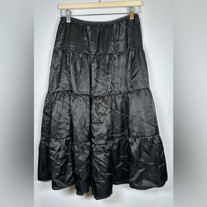Whimsigoth Dark Romantic Black Satin Tiered Midi Skirt. Size Medium